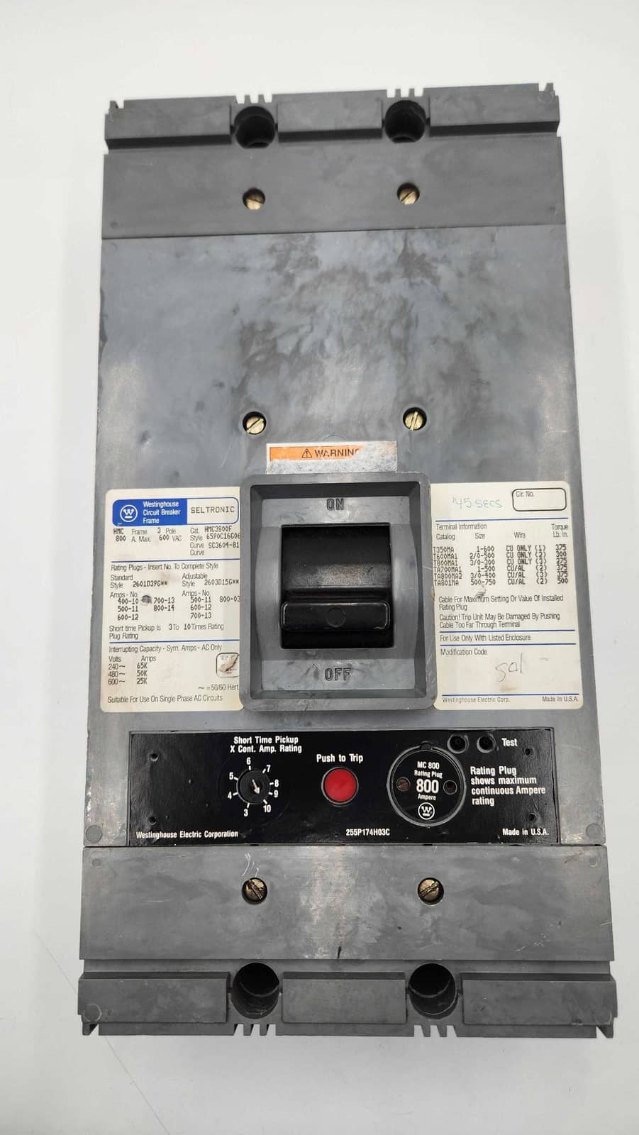 Westinghouse HMC3800 Circuit Breaker 800A 600V 3 Pole