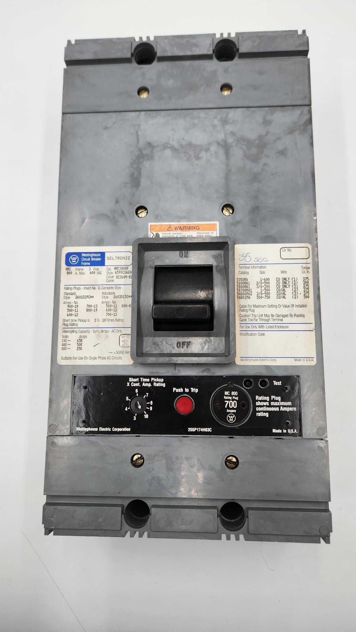 Westinghouse HMC3700 Circuit Breaker 800A 600V 3P – image 1
