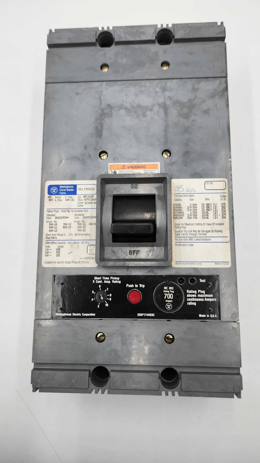 Westinghouse HMC3700 Circuit Breaker 800A 600V 3P