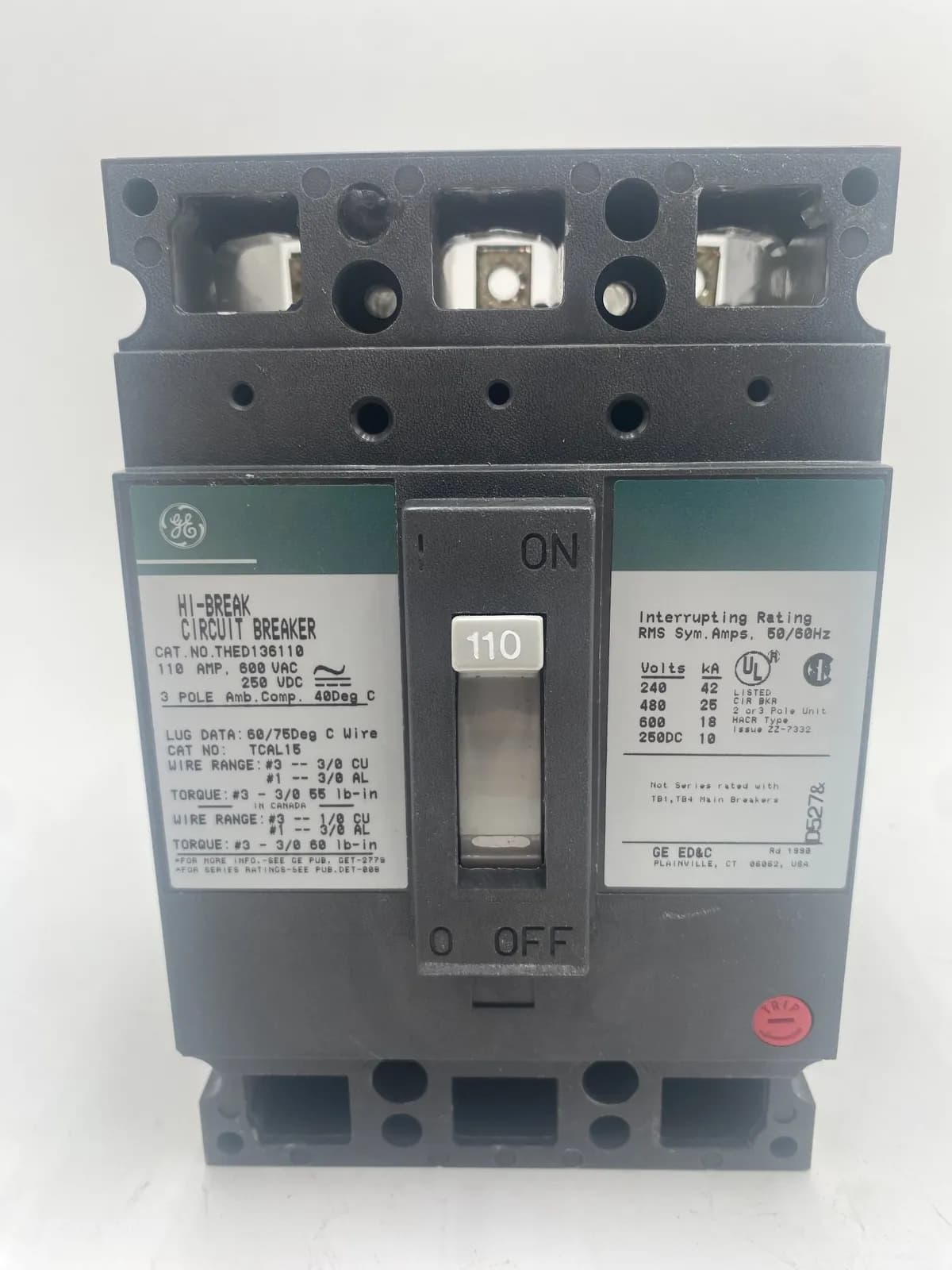 GE THED136110 Circuit Breaker 110A 600V 3P THED