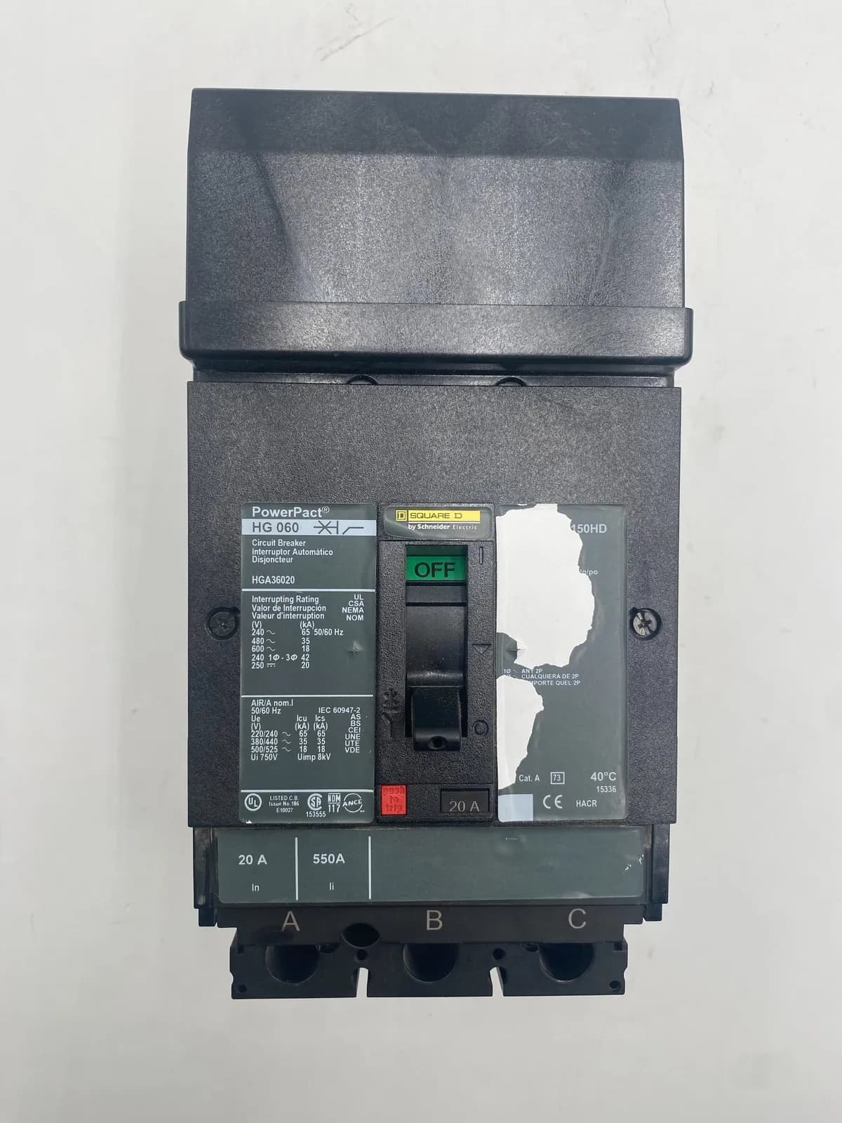 Square D HGA36020 Circuit Breaker 20A 600V 3 Pole