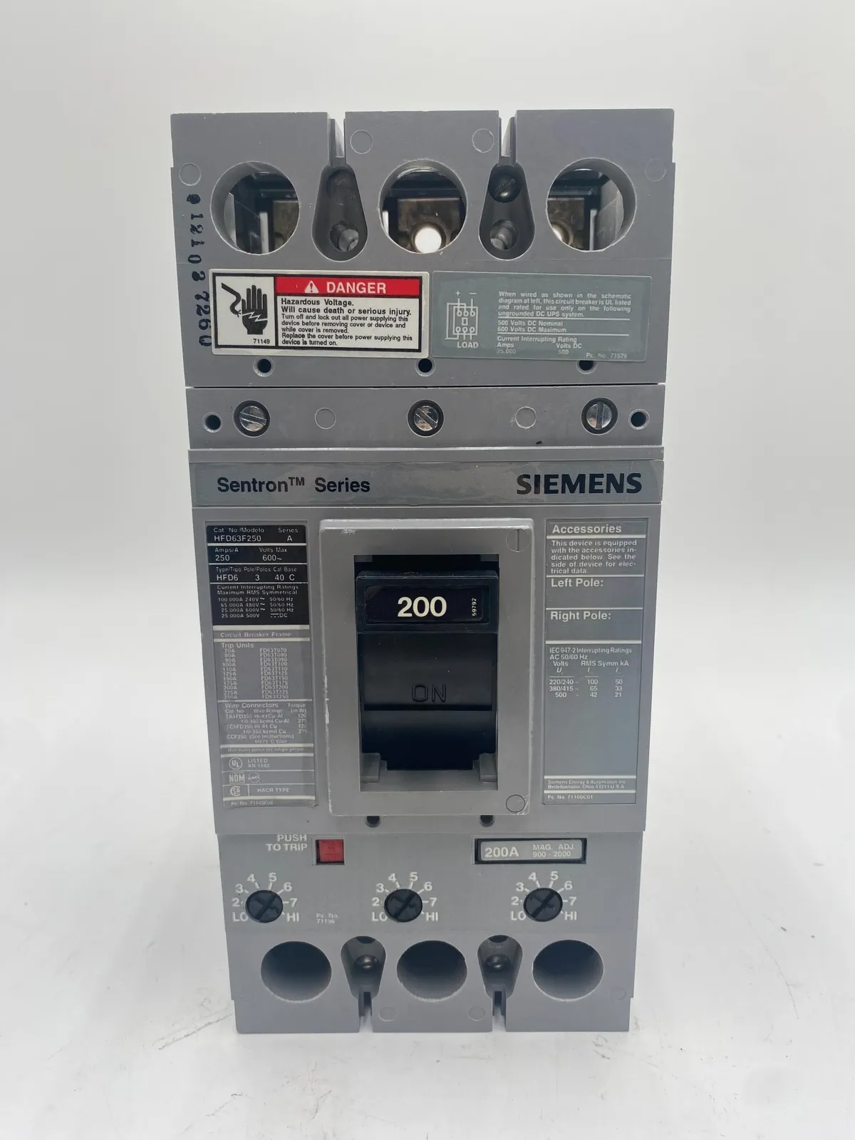 Siemens HFD63F250 Circuit Breaker 200A 600V 3P HFD