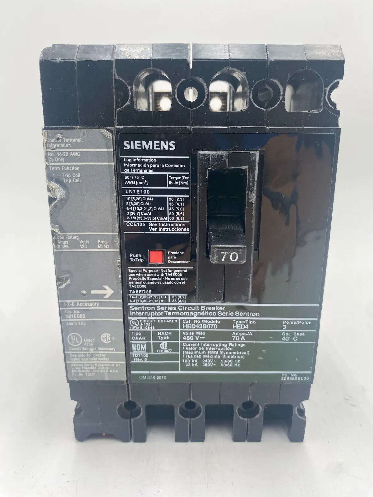 Siemens HED43B070 Circuit Breaker — image 1 of 7