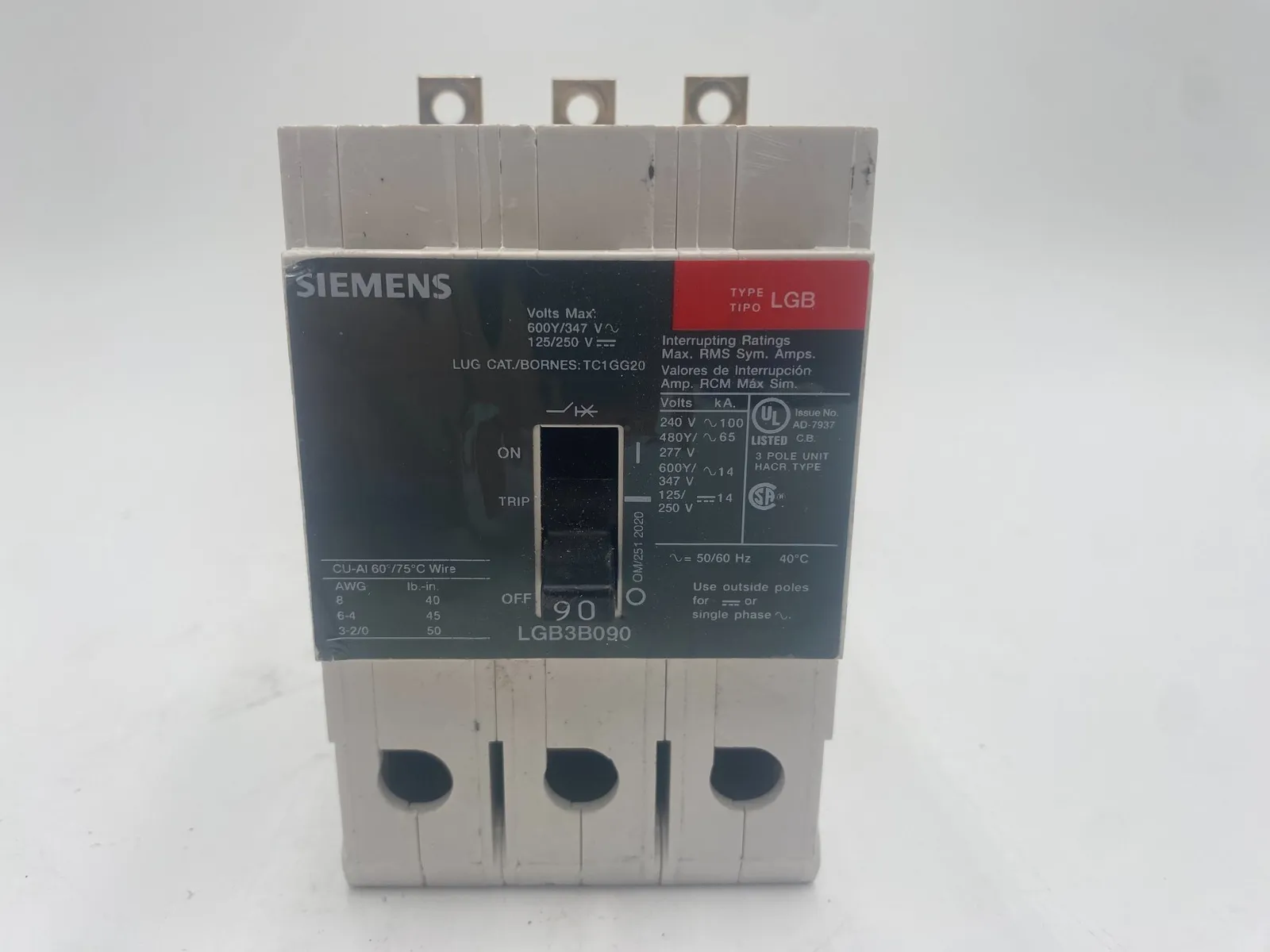 Siemens LGB3B090 Circuit Breaker 90A 277V 3P LGB