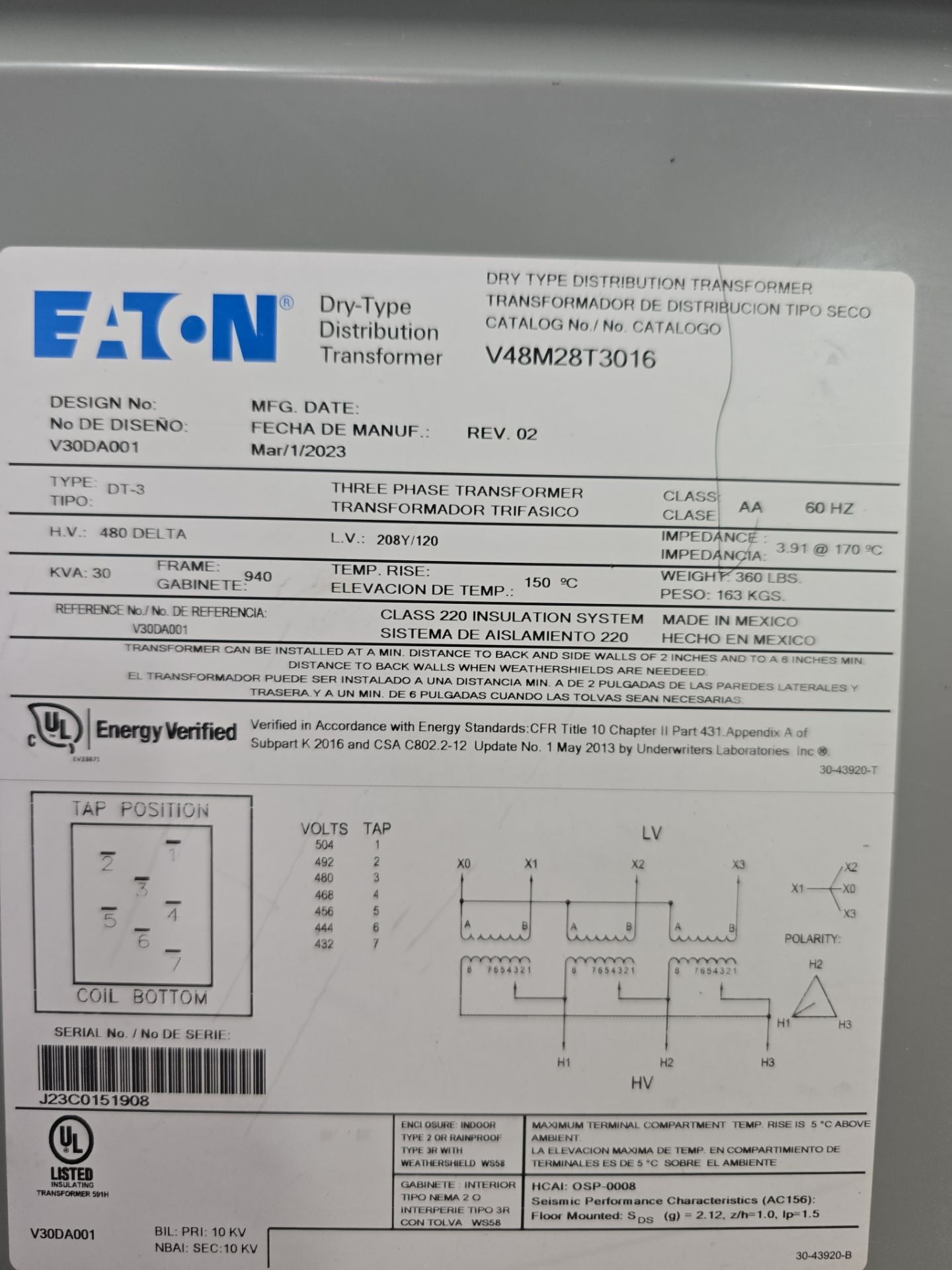 30kVA Eaton V48M28T3016 Transformer 3PH Pri 480V Sec 208/120V Indoor T272 G01S02 Used