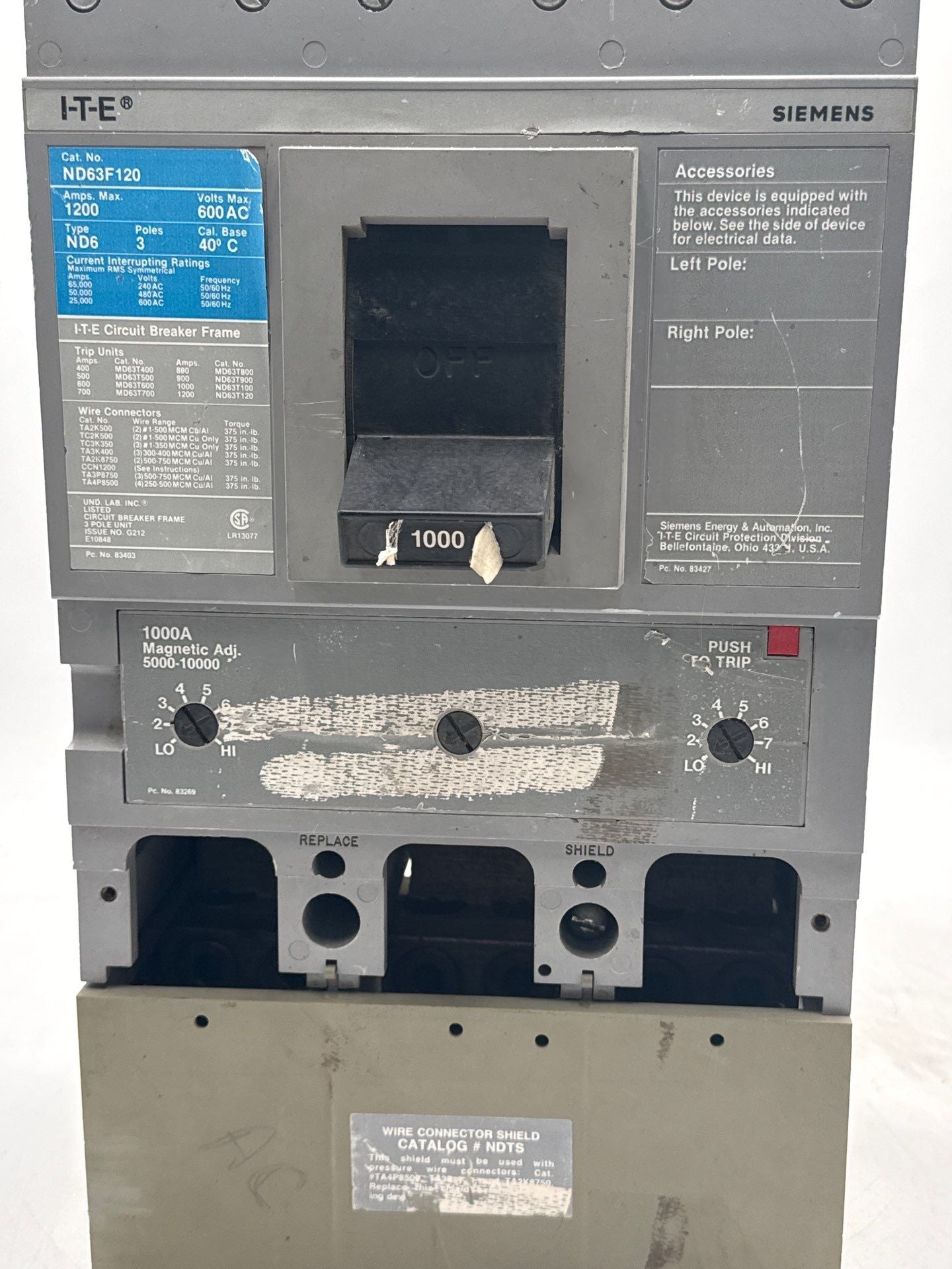 Siemens ND63B100 Circuit Breaker 1000A 3P 600V ND6 1000 Amp 3 Pole Used