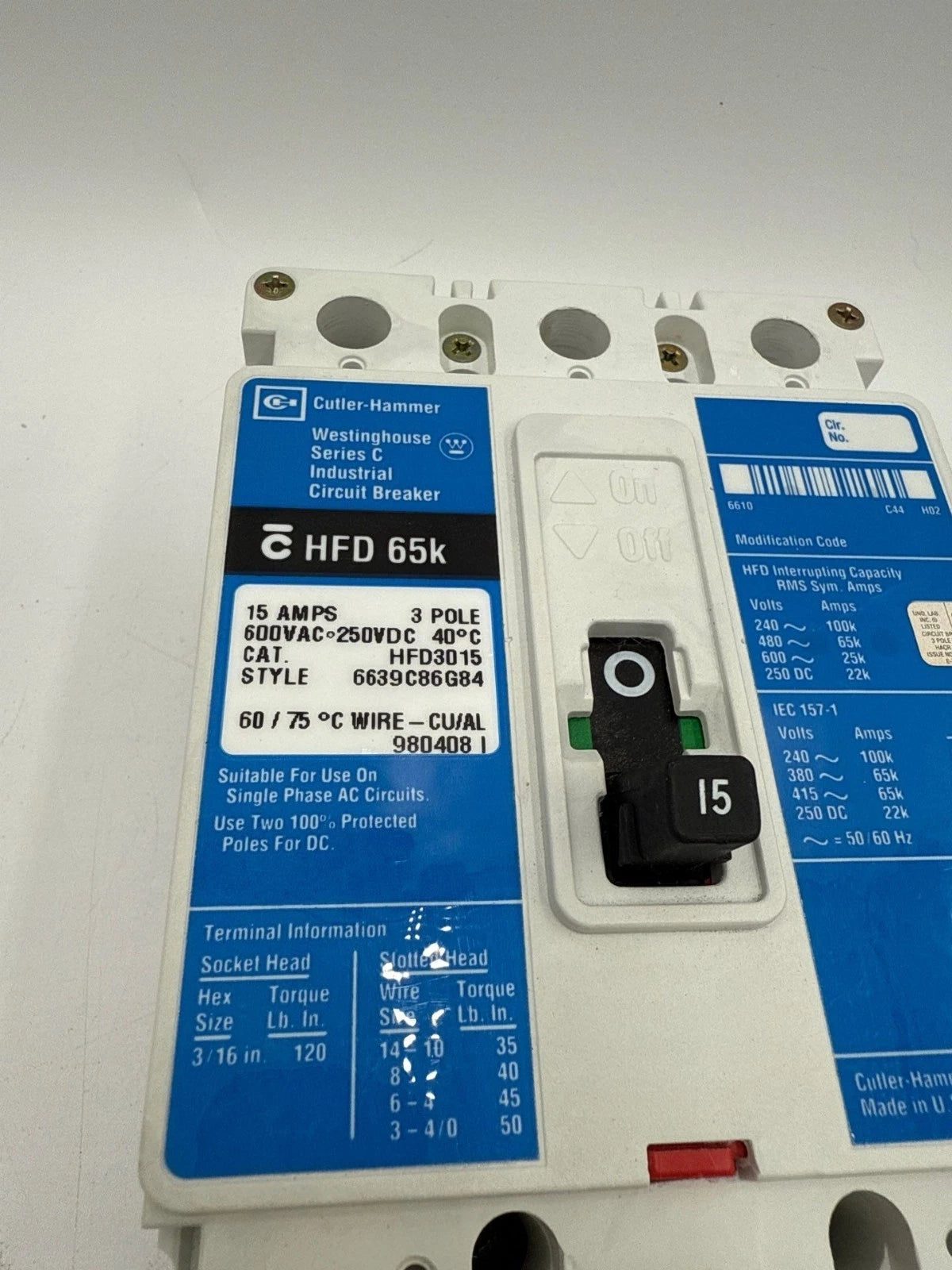 Cutler Hammer HFD3015 Circuit Breaker 15A 3P 600V 3PH HFD 65k 3 Pole 15 Amp Used