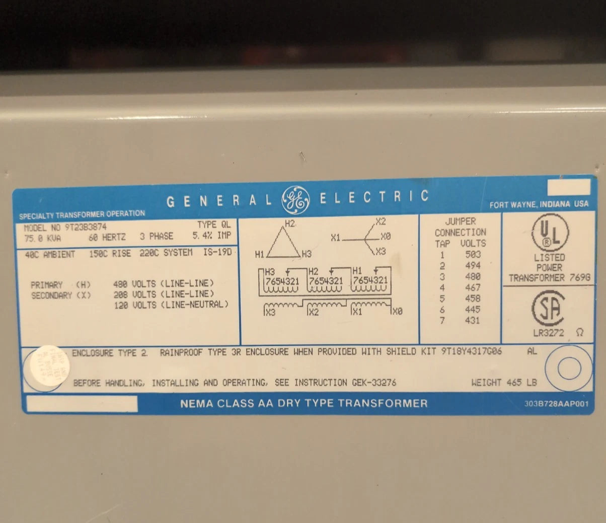 75KVA GE 9T23B3874 Transformer Pri 480V Sec 208/120V 3PH Type QL Indoor Encl Used
