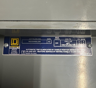 SQUARE D NQOD442L225 Panelboard 225A 208Y/120V 3P 4W Main Lug 42 Circuit MLO P296 Used