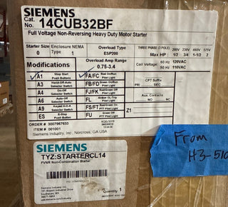 Siemens 14CUB32BF Heavy Duty Motor Starter 2HP Max 120V Coil 0.75-3.4A New