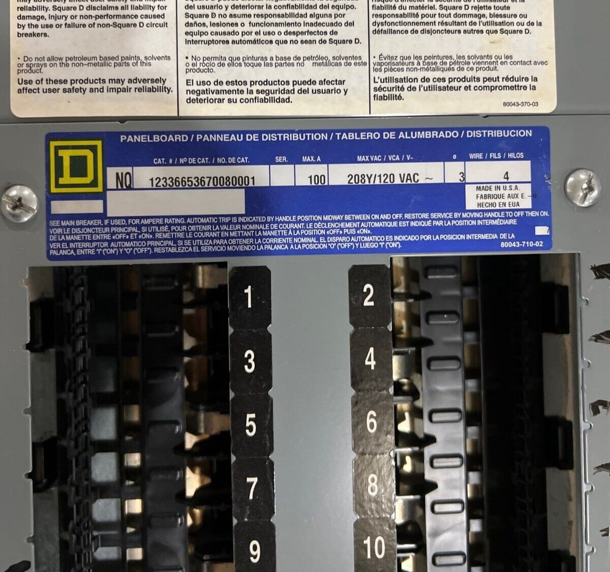 Square D NQ Panelboard 100A 208Y/120V 3PH 4W Indoor Encl 72 Circuit MLO MH44BE P623 Used