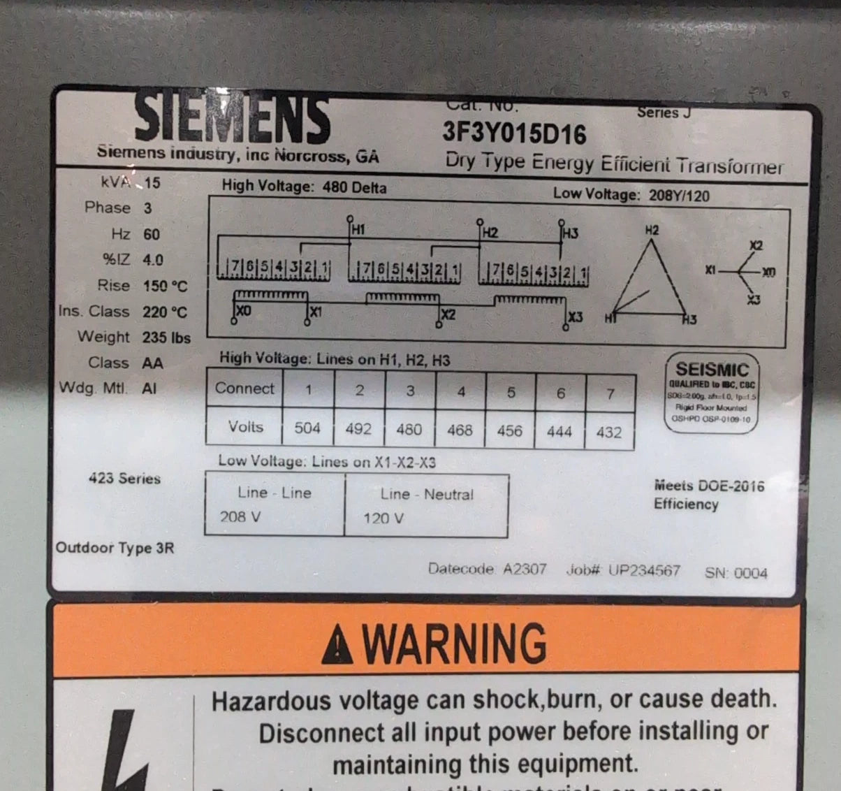 15KVA Siemens 3F3Y015D16 Transformer Pri 480V Sec 208/120V 3PH 3R Encl Outdoor New