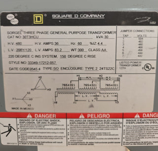 30kVA Square D 30T3HCU Sorgel Transformer 3PH Pri 480V Sec 208/120V T264 Used