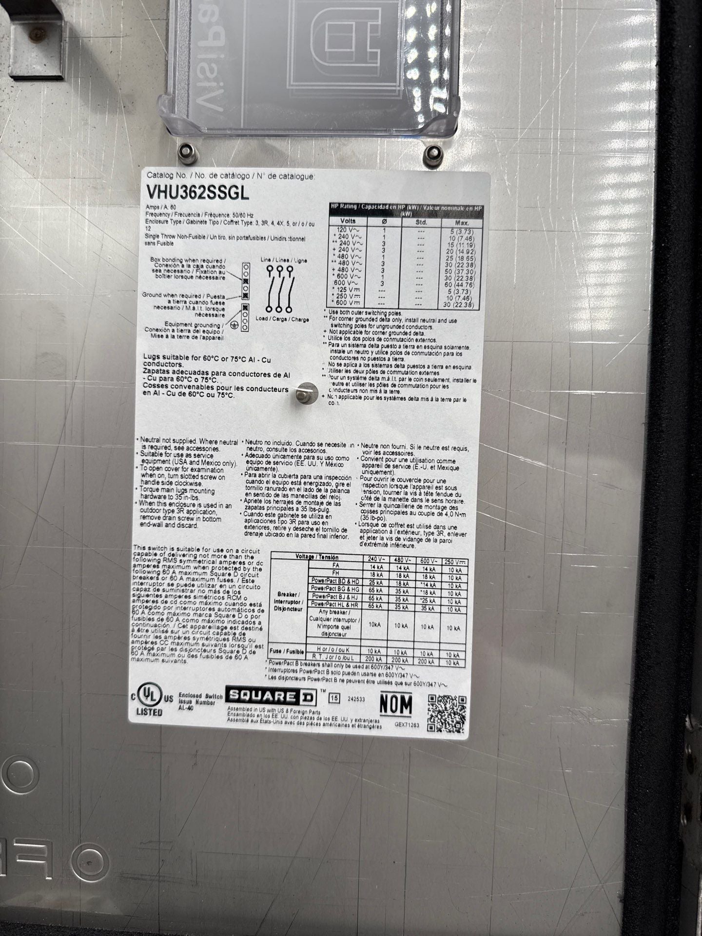 Square D VHU362SSGL Safety Disconnect Switch 60A 3P 600V Type 4X Encl SS New