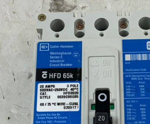 Cutler Hammer HFD3020 Circuit Breaker 20A 3P 600V 3PH HFD 65k 20 Amp 3 Pole Used