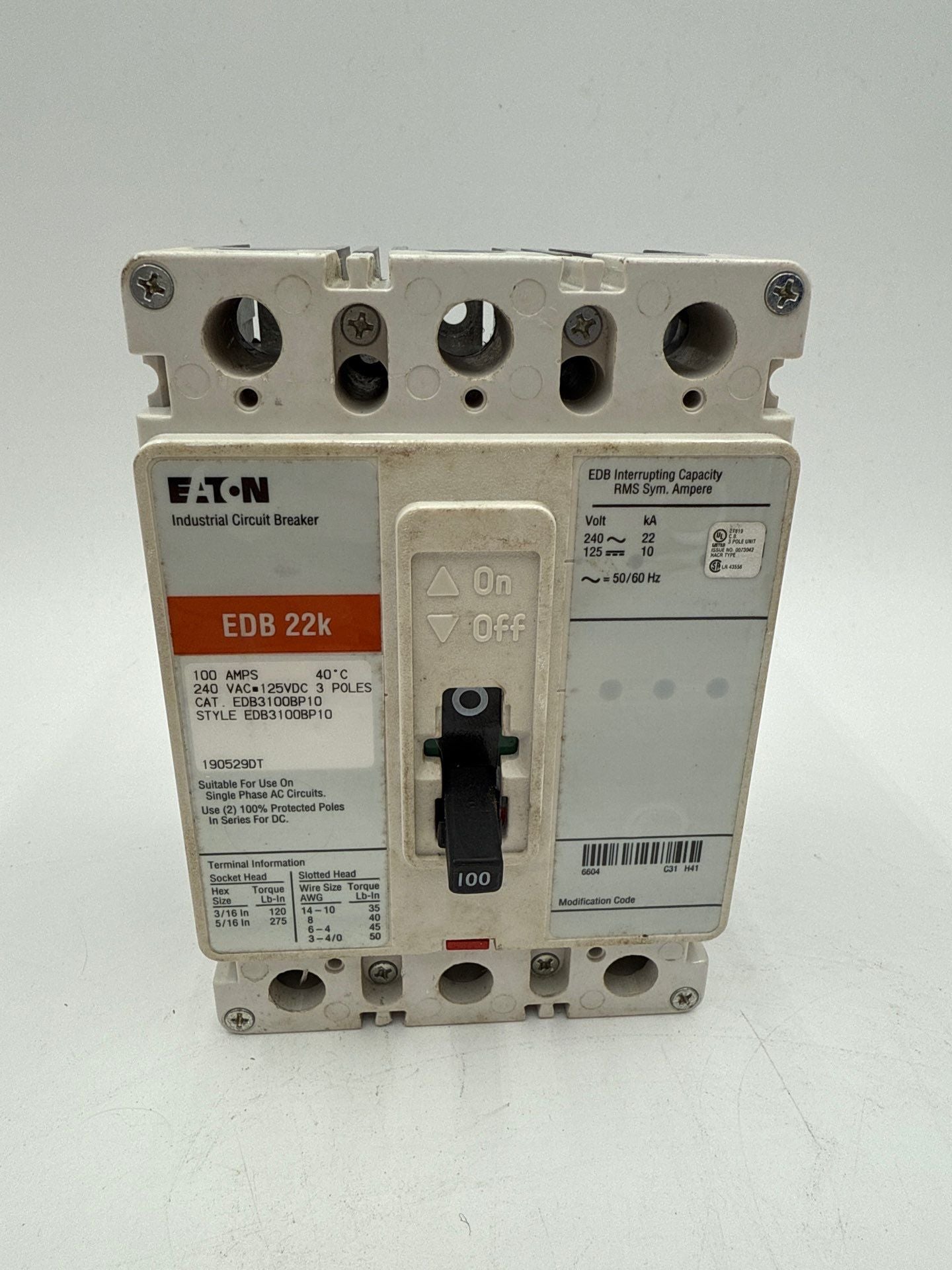 Eaton EDB3100BP10 Circuit Breaker 100A 3P 240V EDB 22k 100 Amp 3 Pole Used