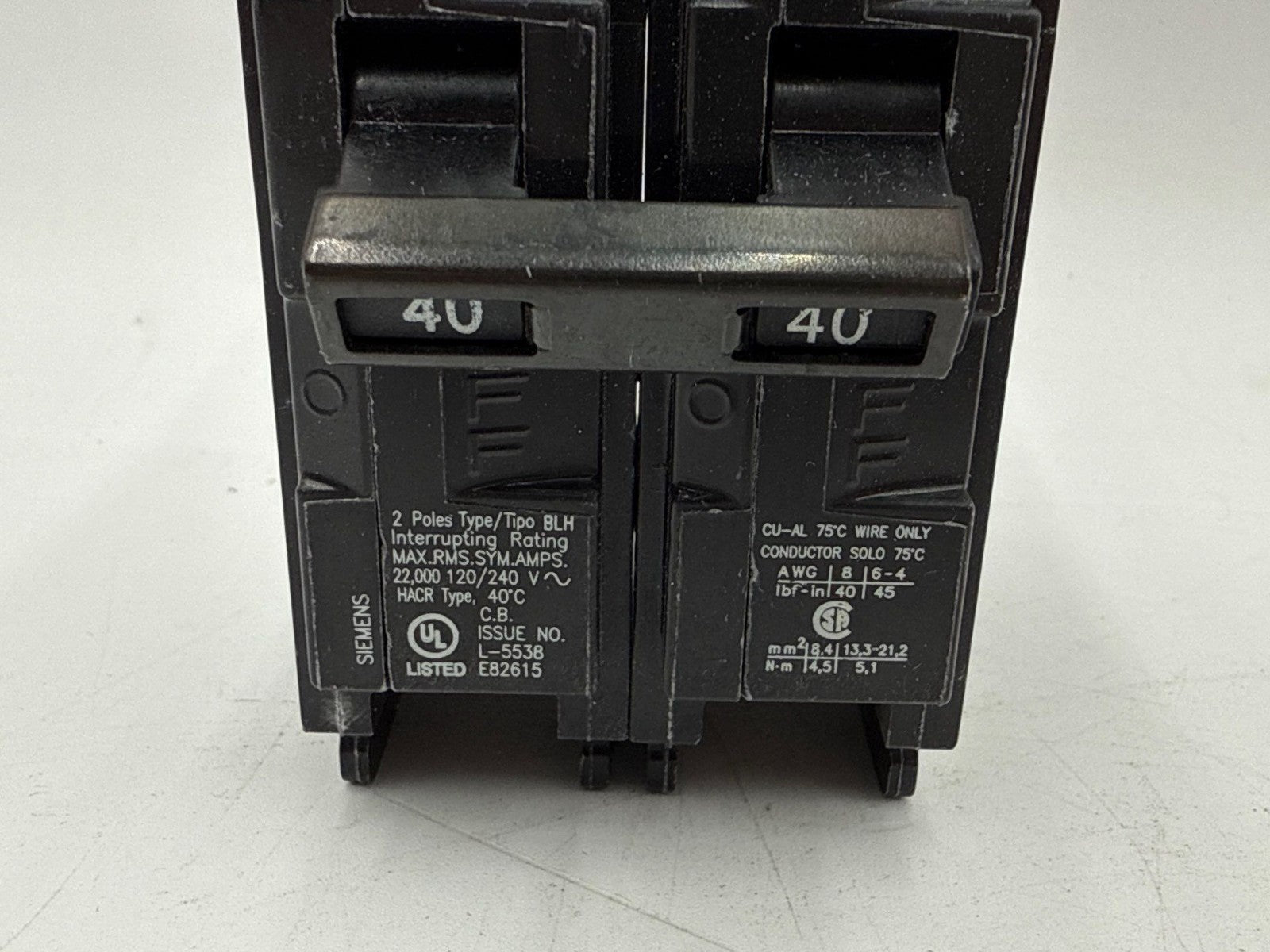 Siemens B240H Bolt On Circuit Breaker 40A 2P 120/240V 1PH 22kA BLH 40 Amp 2 Pole Used