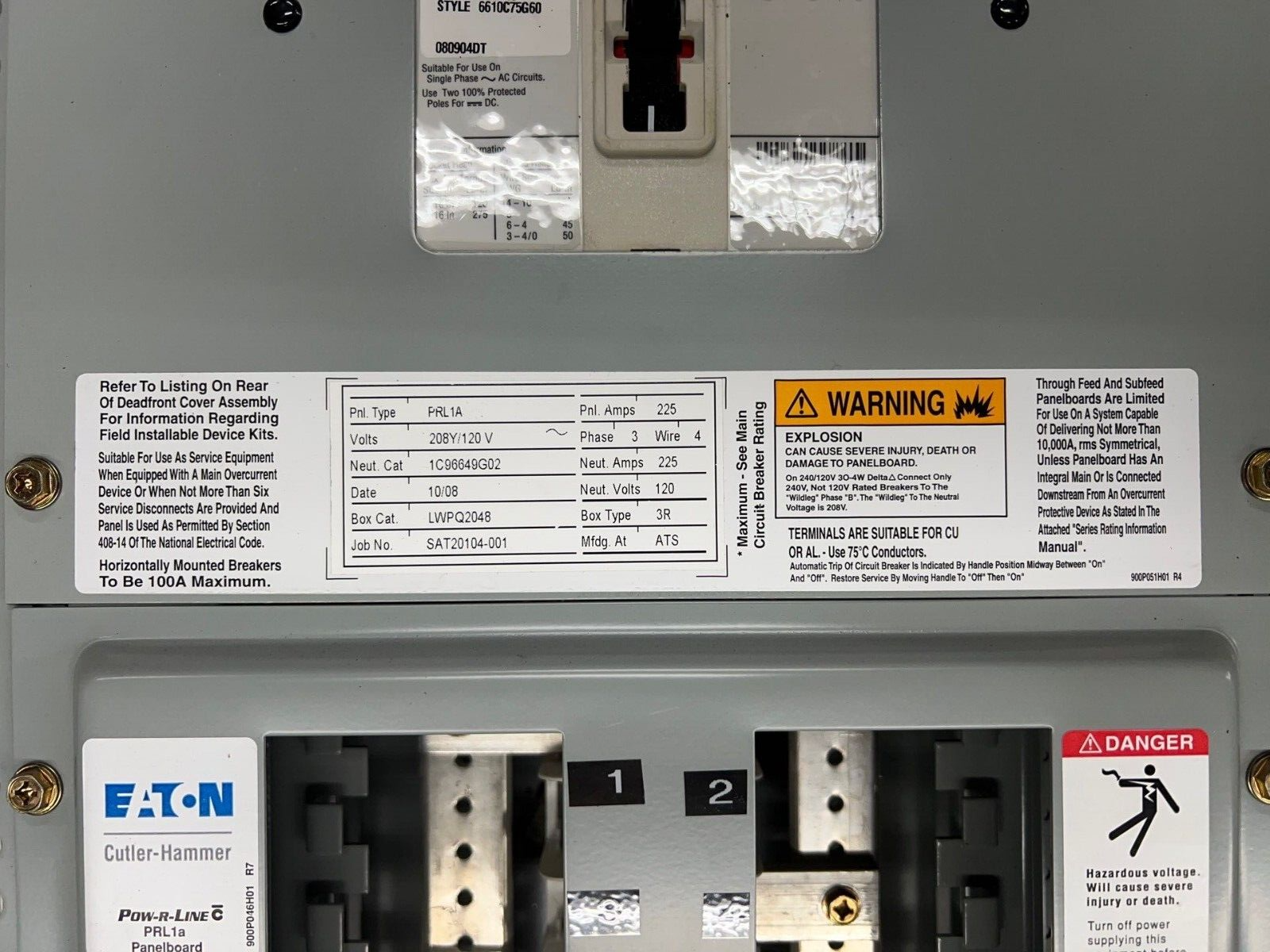 Eaton PRL1A Panelboard 225A 208Y/120V 3PH 4W 42 Cir 3R Outdoor Encl MCB ED3150 P643 Used