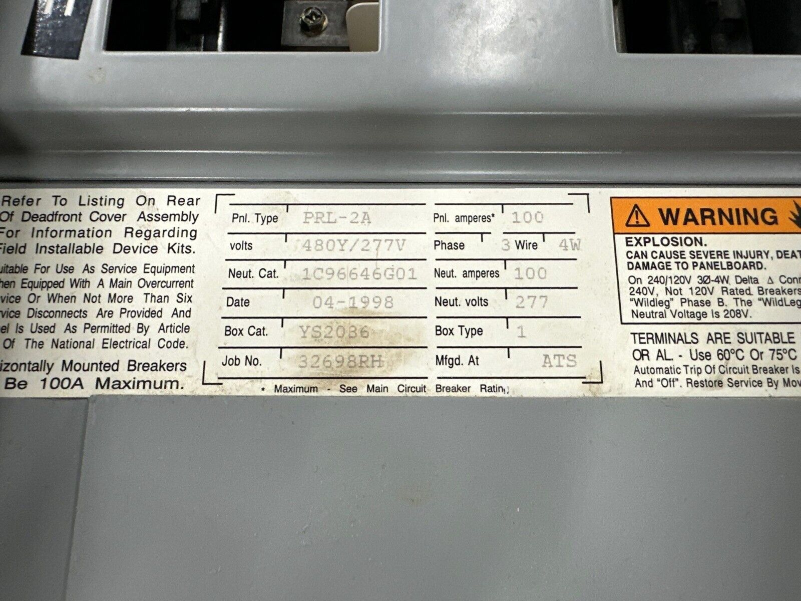 CUTLER HAMMER PRL-2A Panelboard 100A 480/277V 3PH 4W MLO 18CIR NEMA 1 w Key Used