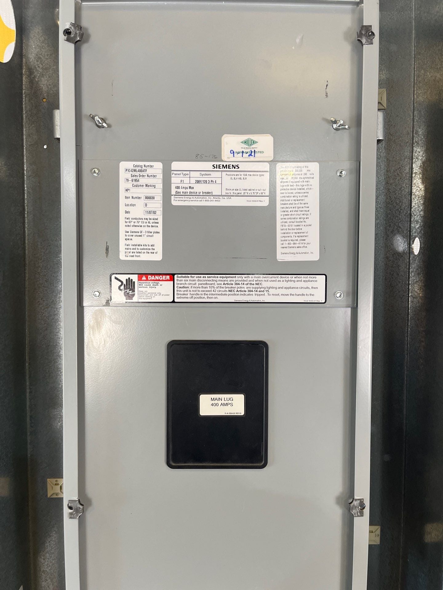 Siemens P1C42ML400ATF P1 Panelboard 400A 208/120V 3PH 4W 42 Cir MLO Indoor Encl B68 Box Used