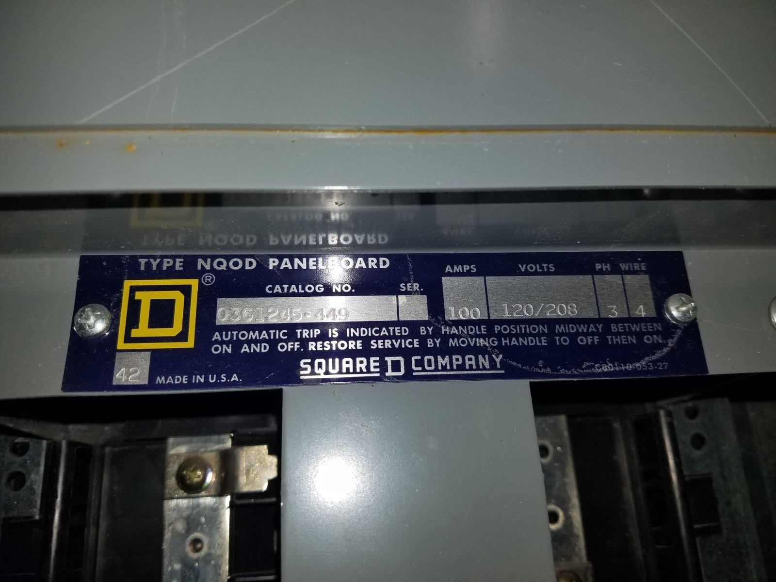 Square D NQOD Panelboard 100A 120/208V 3PH 4W MLO 24 Circuit Main Lug 100 Amp P103 Used