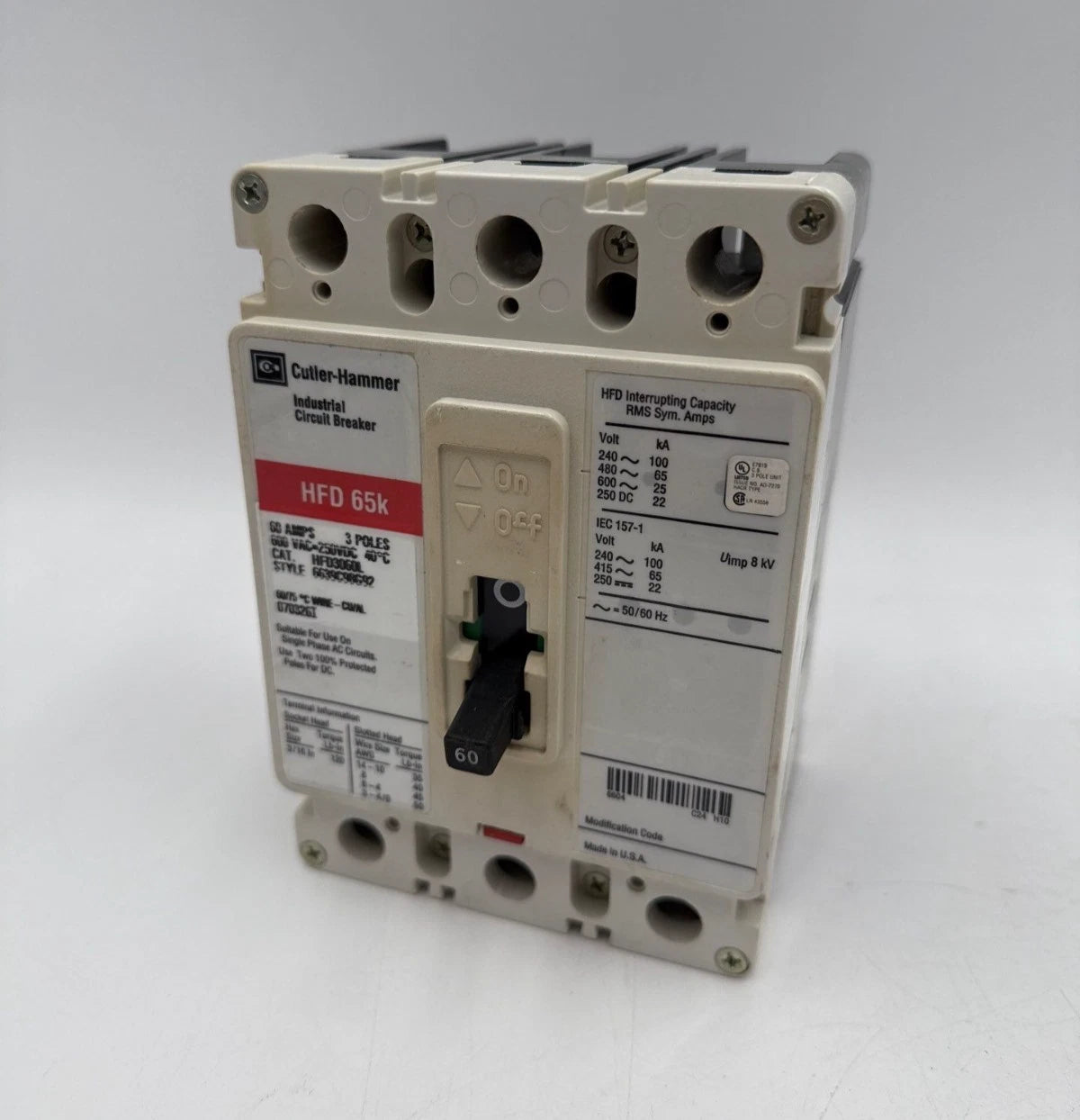 Cutler-Hammer HFD3060L Circuit Breaker 60A 3P 600V HFD 65k 60 Amp 3 Pole Used Used