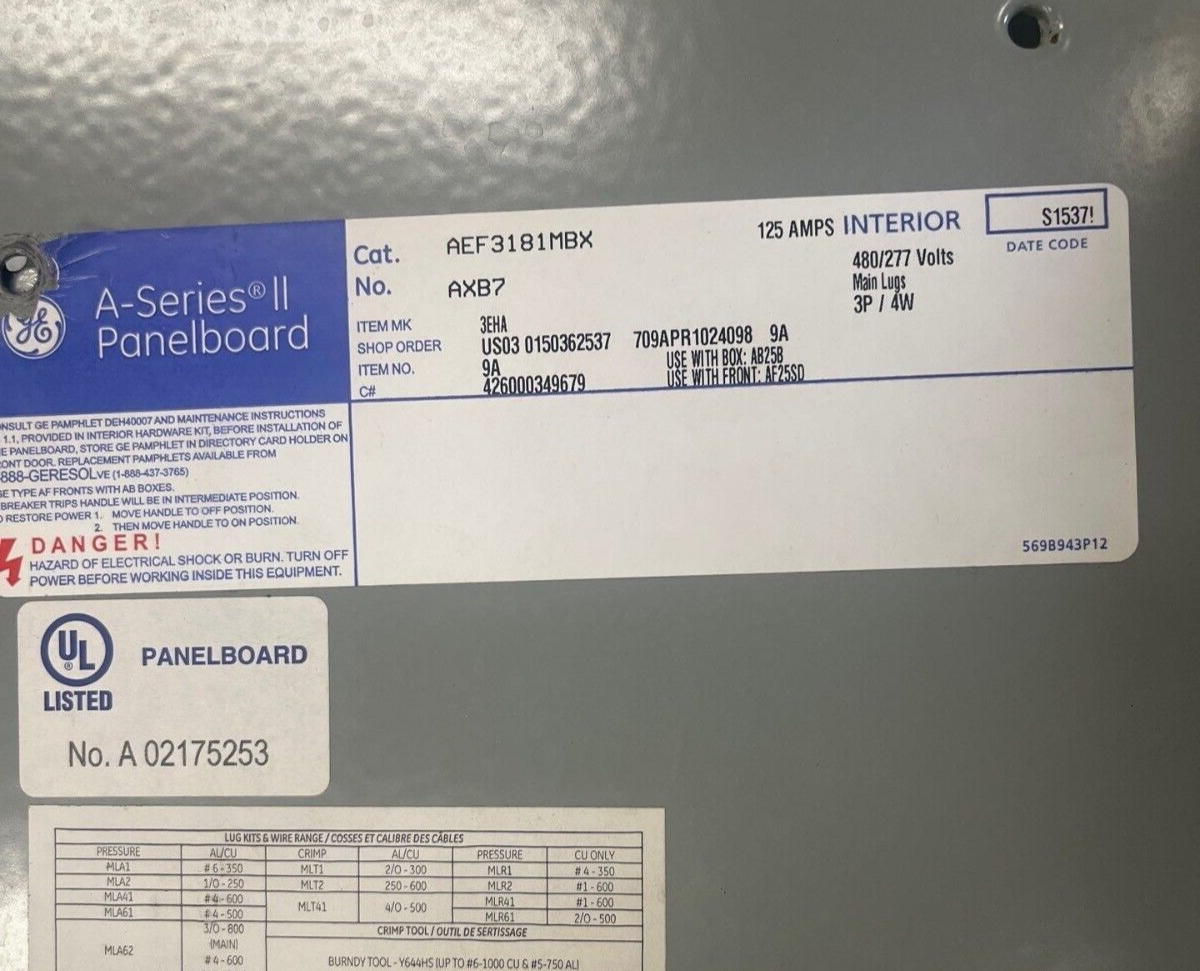 GE AEF3181MBX Panelboard 125A 480/277V 3PH 4W Indoor Encl MLO 125 Amp 18 Circuit P606 Used