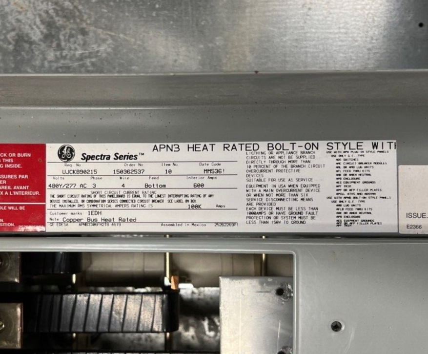 GE APN3 Bolt On Panelboard 600A 480/277V 3PH 4W 30 Cir Indoor Encl TPHE277Y20PP P651 Used