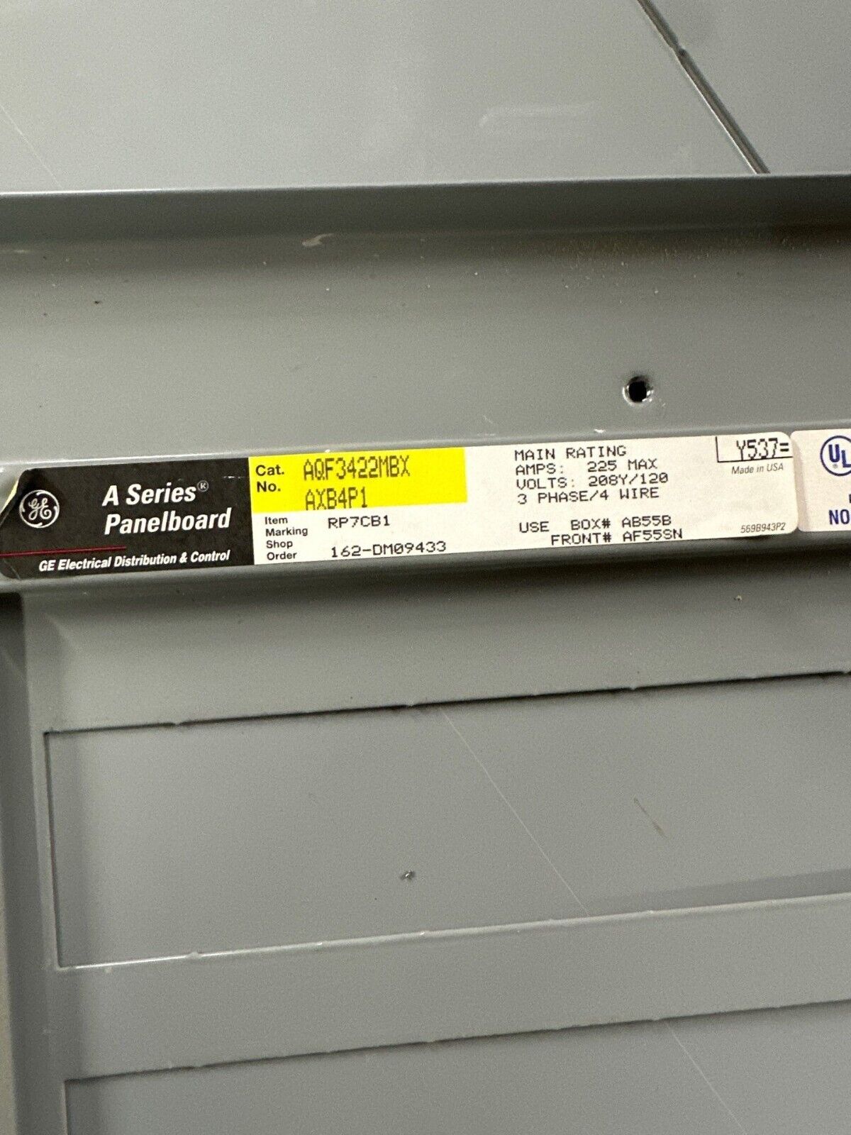 GE AQF3422MBX Panelboard 225A 208Y/120V 3PH 4W 42 Circuit Main Lug MLO 225 Amp P011 Used
