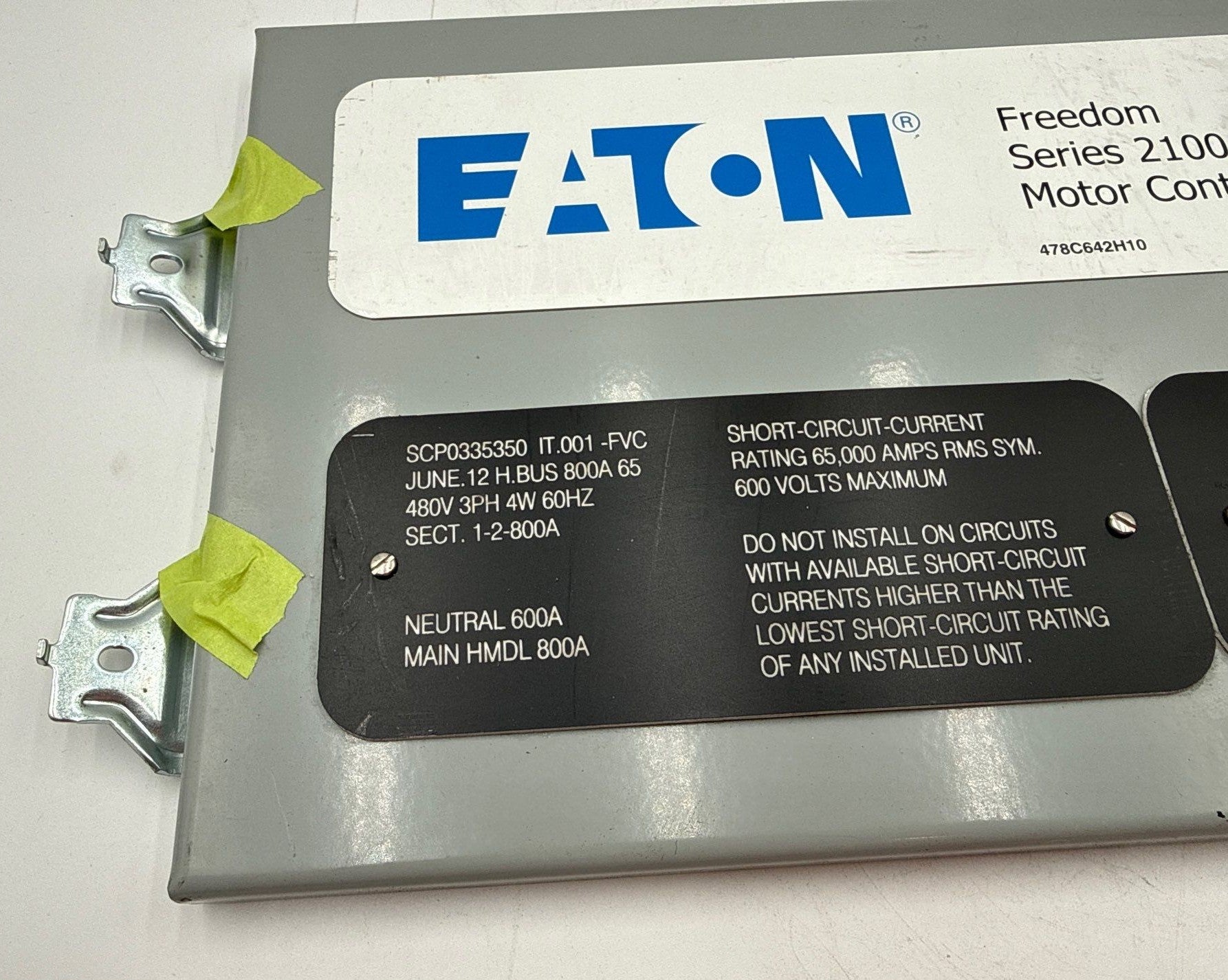 Eaton Freedom Series 2100 Name Plate Filler 8-1/2 x 15-1/2 Motor Control Center Used