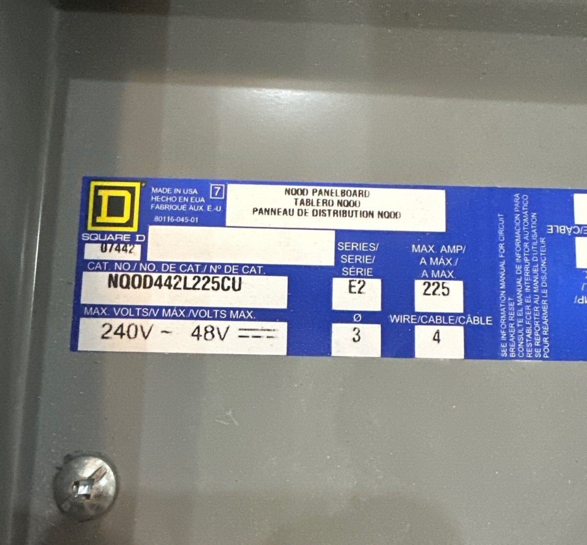 SQD NQOD442L225CU NQOD Panelboard 225A 240V 3PH 4W 42 CIR MLO Main Lug 225 Amp P511 Used