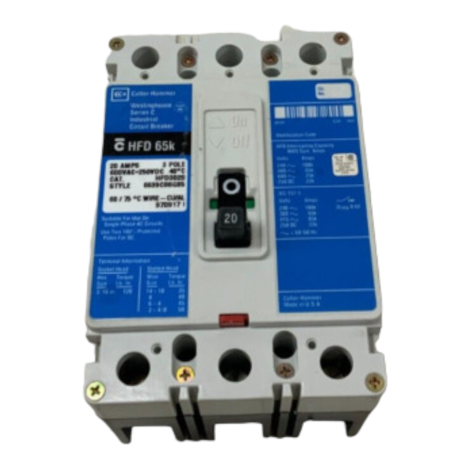 Cutler Hammer HFD3020 Circuit Breaker 20A 3P 600V 3PH HFD 65k 20 Amp 3 Pole Used