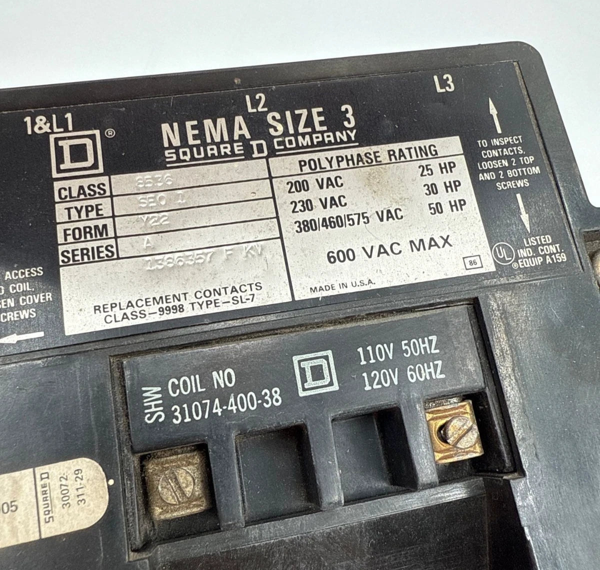 Sq D 8536SEO1S Y22 Contactor 90A 3P 600V NEMA Size 3 Coil 110/120V 31074-400-38 Used