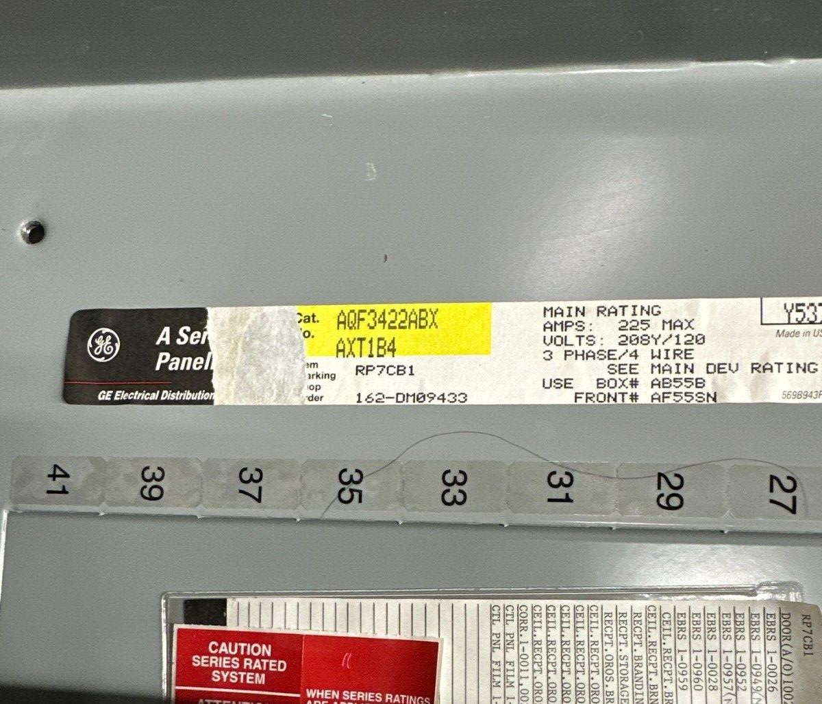GE AQF3422ABX Panelboard 225A 208Y/120V 3PH 4W Indoor Encl 42 Circuit MCB AB55B P007 Used
