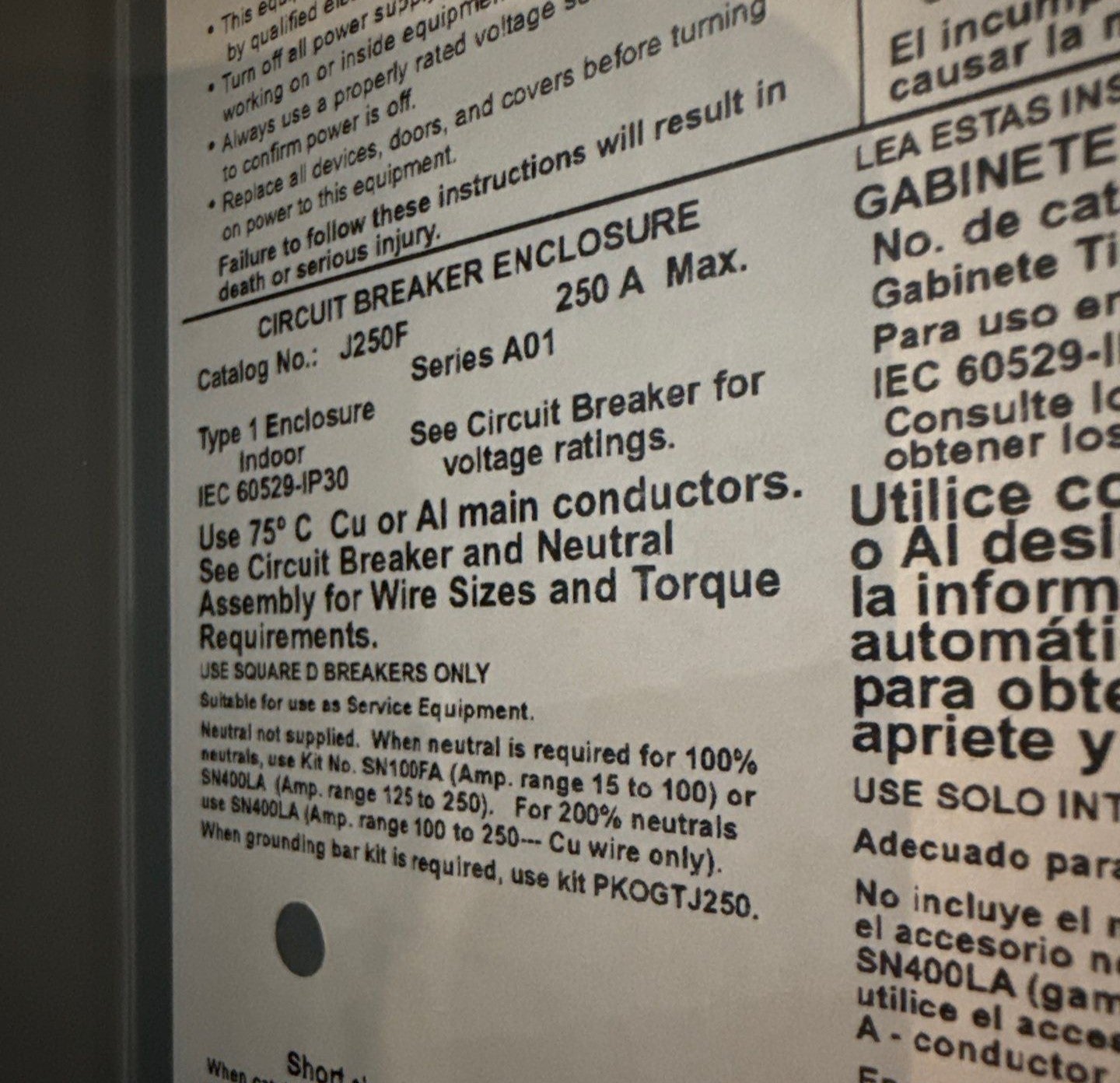Square D J250F Circuit Breaker Enclosure 250A 600V Flush Mount Type 1 Encl New
