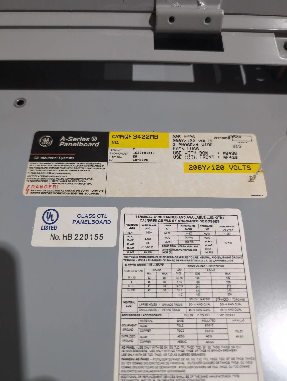 GE AQF3422MB Panelboard 225A 208/120V 3PH 4W MLO Panel 225 Amp 42 Circuit Used