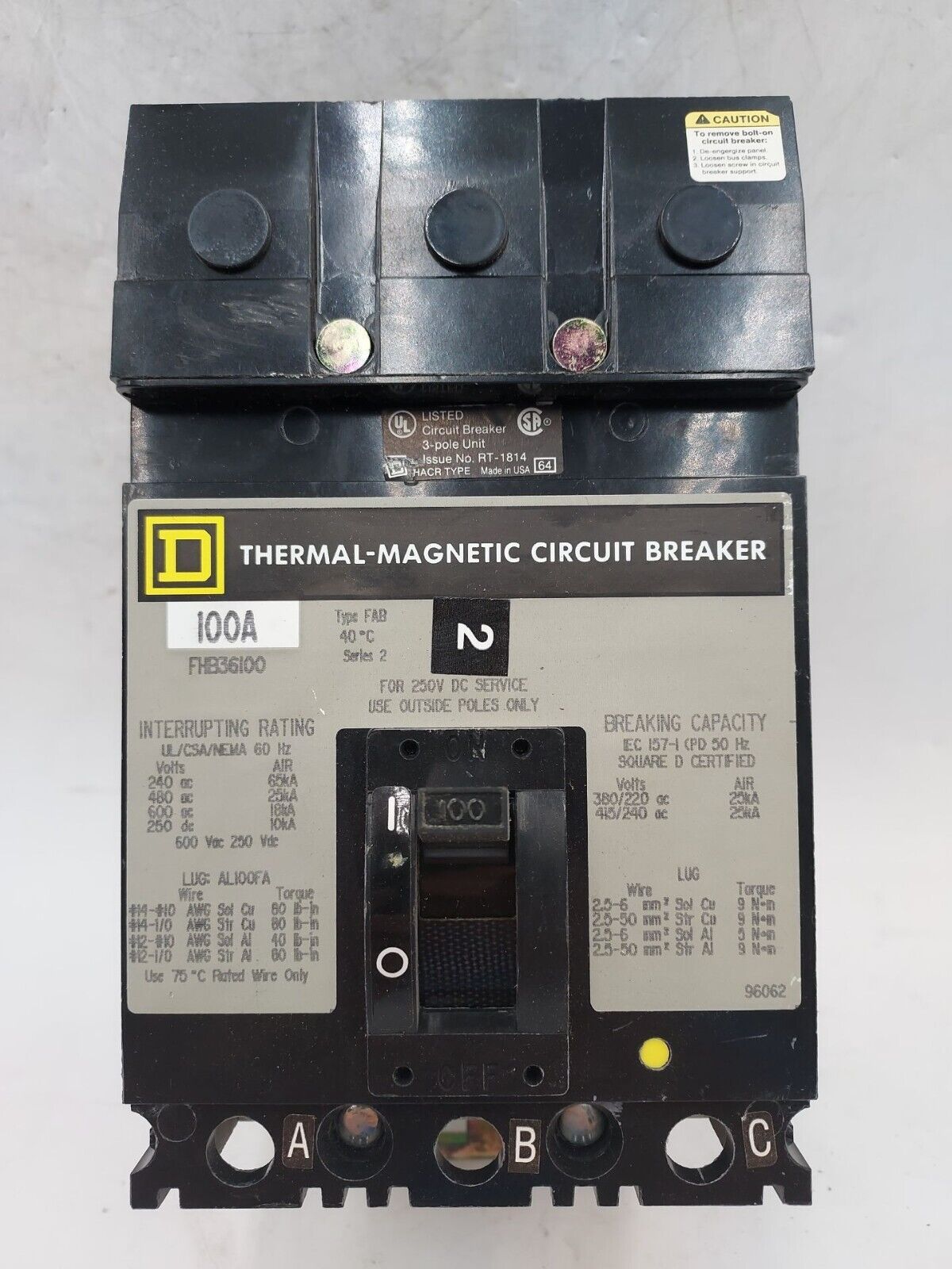 Square D FHB36100 Used