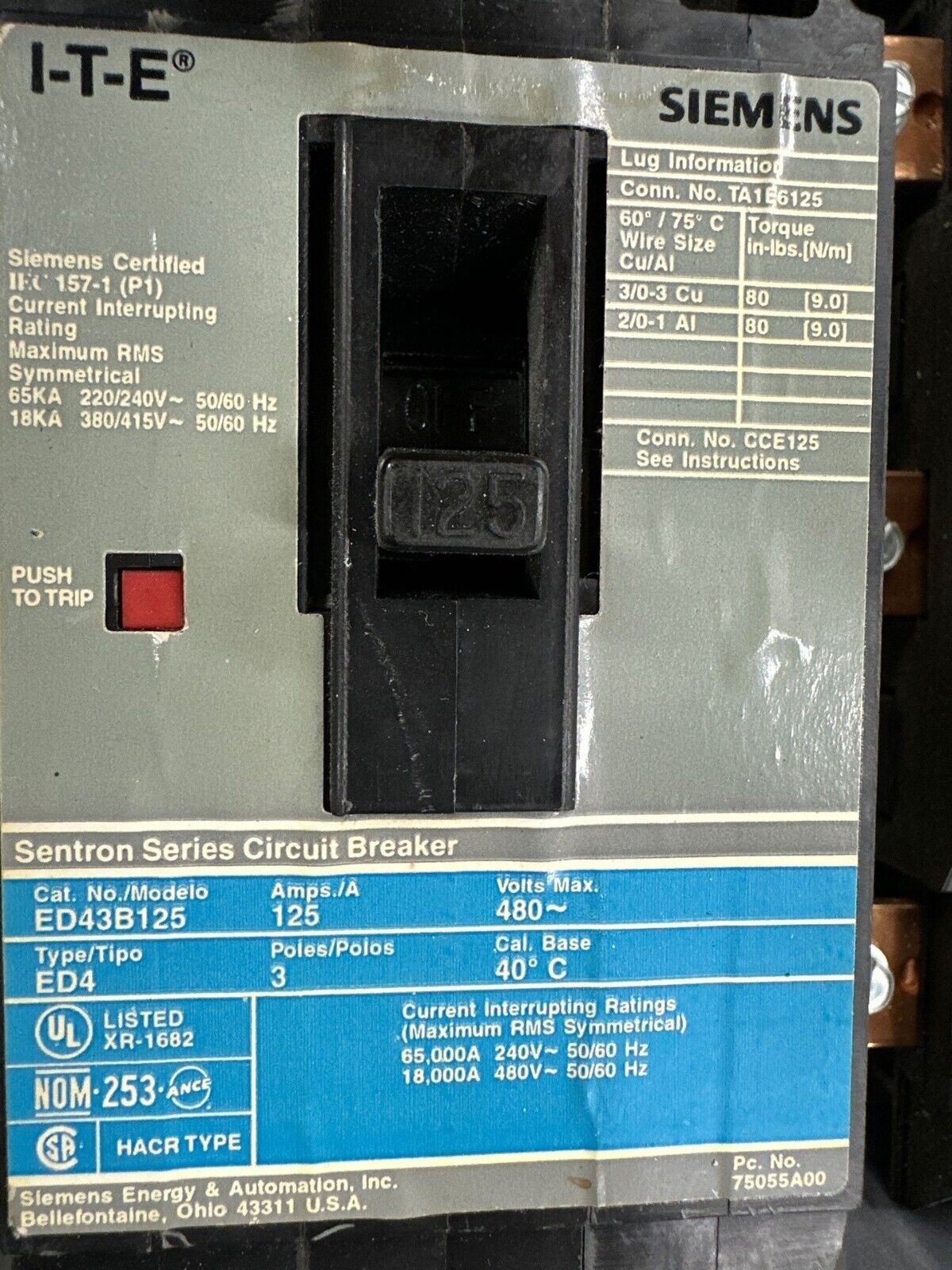 Siemens S1C42E4125CTS S1 Panelboard 250A 208Y/120V 3PH 4W MCB Indoor Encl 42 Cir P387 Used