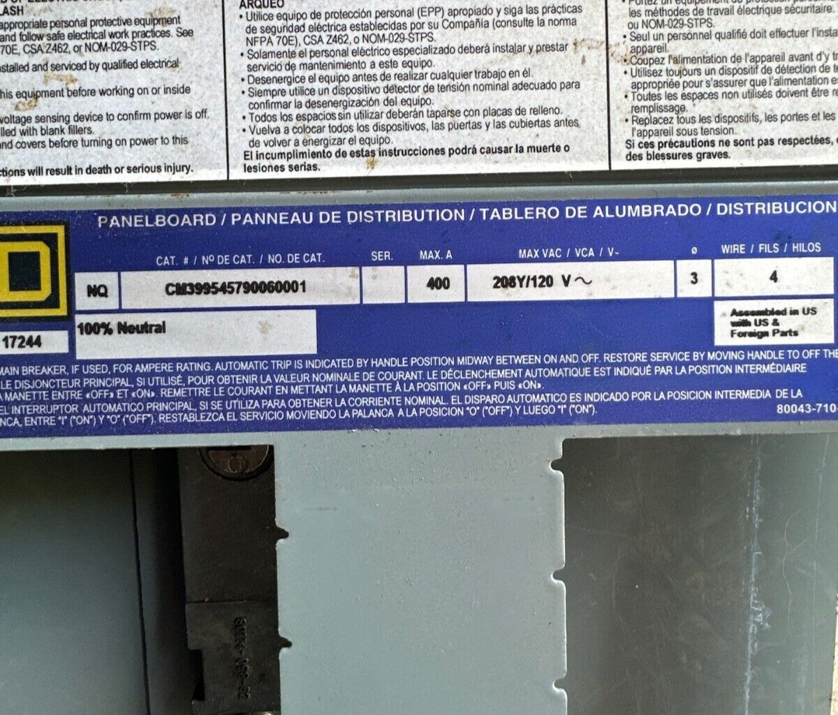 Square D NQ Panelboard 400A 208Y/120V 3PH 4W Indoor Encl Main Lug 84 Circuit MLO P521 Used