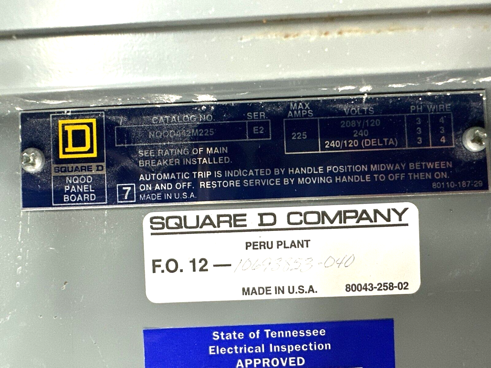 Square D NQOD442M225 NQOD Panelboard 225A 208Y/120V 3PH 4W MCB Main Q2L3150 150A P417 Used