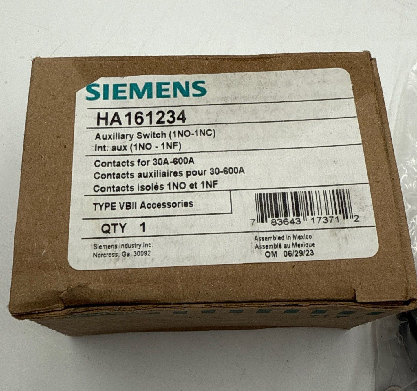 Siemens HA161234 Auxiliary Switch 1NO-1NC 30-600 AMP Contact Kit New