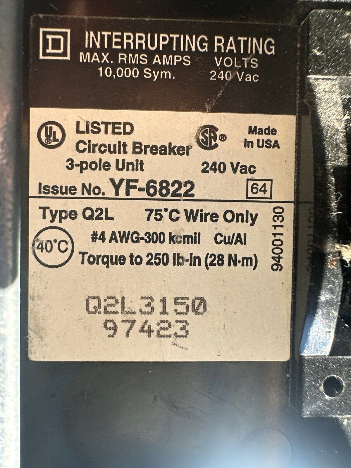 Square D NQOD442M225 NQOD Panelboard 225A 208Y/120V 3PH 4W Main MCB Indoor Encl P332 Used