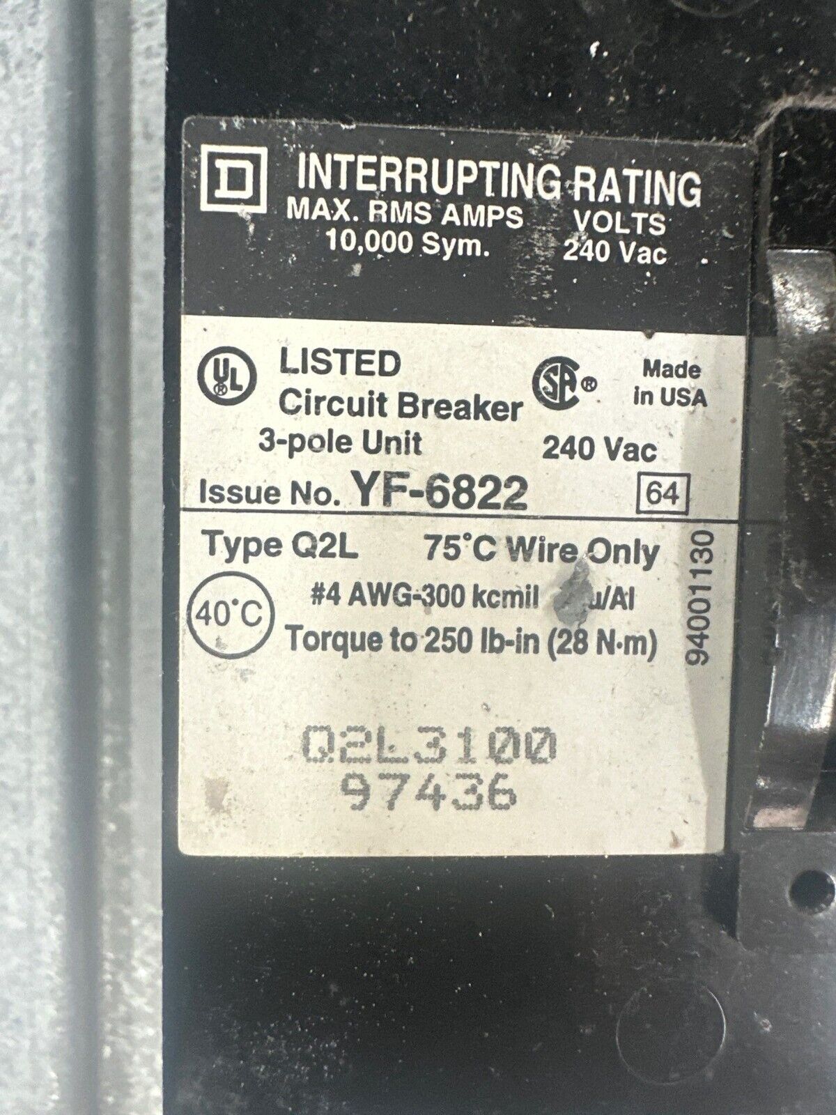 Square D NQOD442M225 Panelboard 225A 208Y/120V 3PH 4W MCB Main Q2L3100 NQOD P413 Used