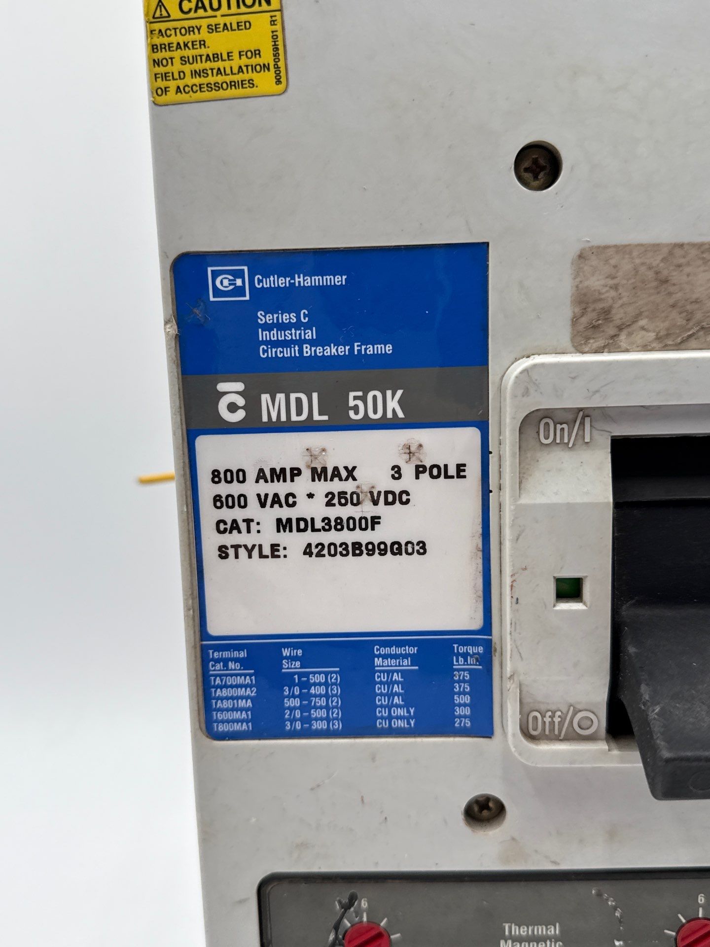 Eaton MDL3800 Circuit Breaker 800A 3P 600V 3PH MDL 50k 800 Amp 3 Pole Used