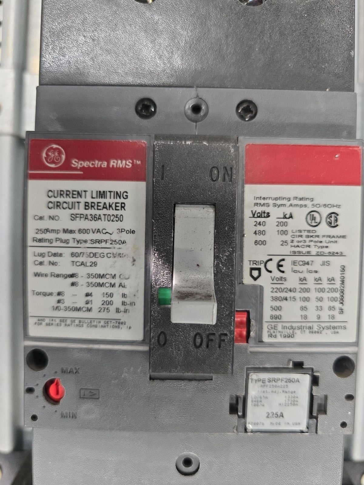 GE ADF3482GTX Panelboard 225A 480V 3PH 3W 48 Cir MCB Panel 225 Amp SFPA36AT0250