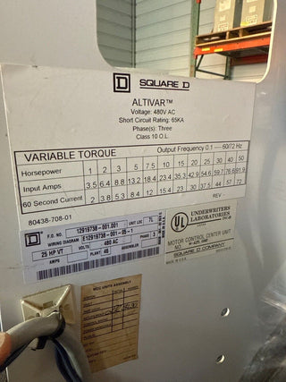 Square D Model 6 39" MCC Bucket VFD ACS550-U1-038A-4 25HP 480V 3PH FHP3610016M Used