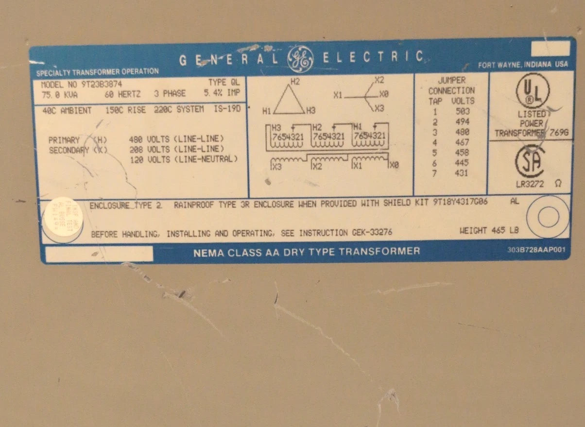 75KVA GE 3PH Transformer 9T23B3874 Pri 480V Sec 208/120V Type QL Indoor Encl Used