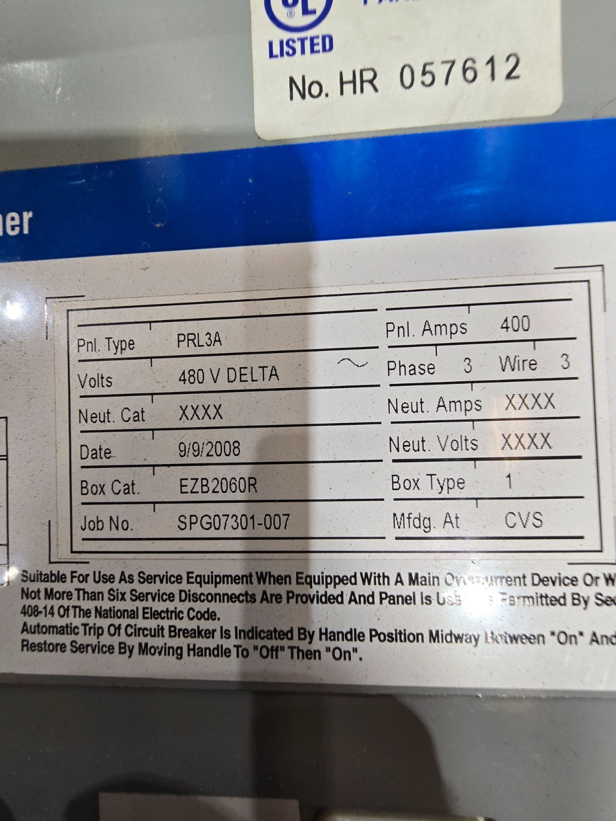 Eaton PRL3A Panelboard 400A 480V 3PH 3W MCB 400 Amp Panel HFD3225 225 Amp Used