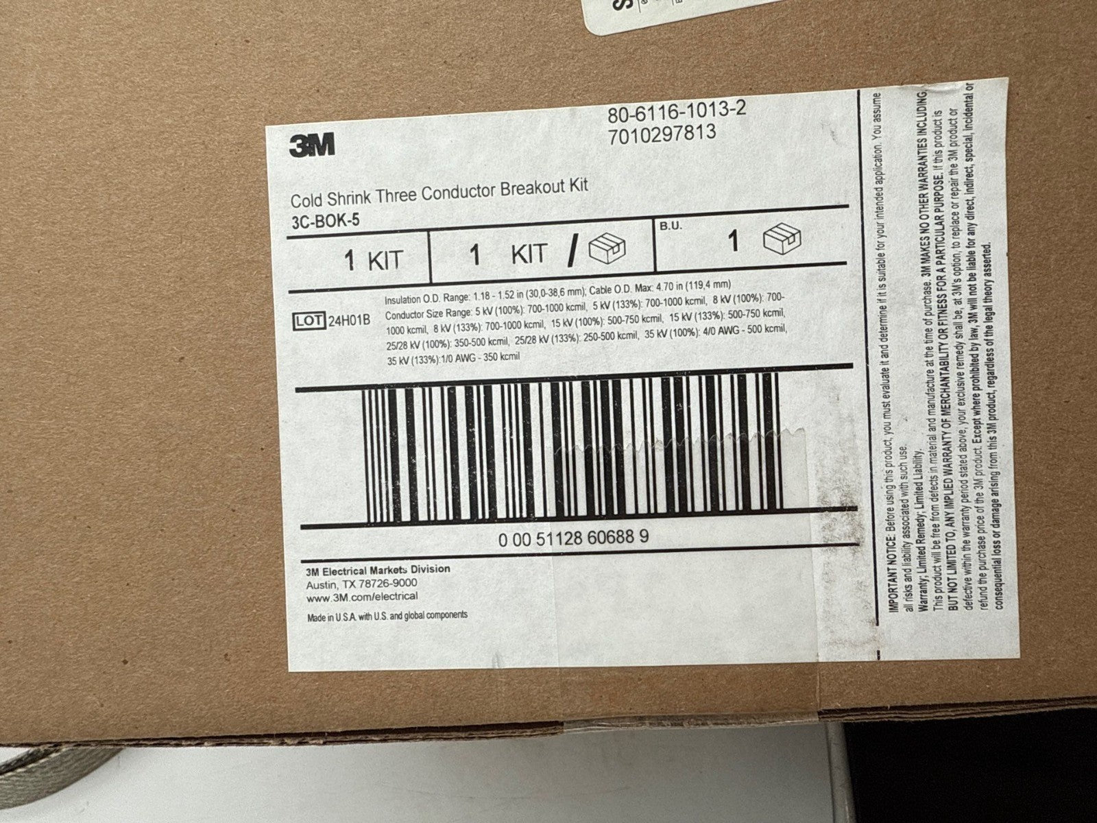 3M 3C-BOK-5 Cold Shrink Three Conductor Breakout Kit 1.18in–1.52in 30,0mm–38,6mm New