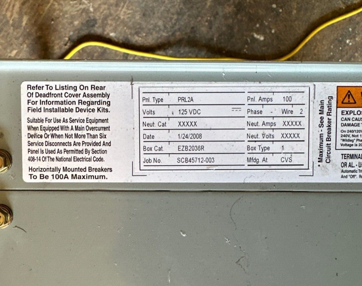 Eaton PRL2A Panelboard 100A 125VDC 1PH 2W 18 Circuit Indoor Encl MCB EZB2036R P529 Used